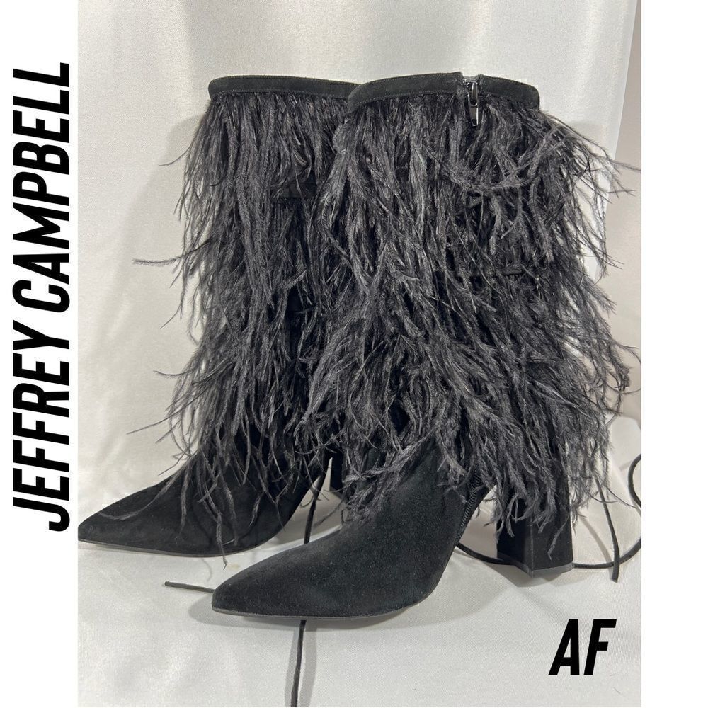 JEFFREY CAMPBELL SHAKE YA OSTRICH FEATHER BOOTS NEW BLACK - Picture 3 of 11